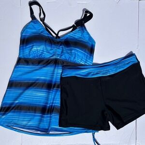 Tankini Swimsuit Set Womens Size Large Blue Black Striped Excellent